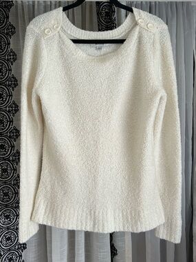 White Button-Shoulder Soft Sweater